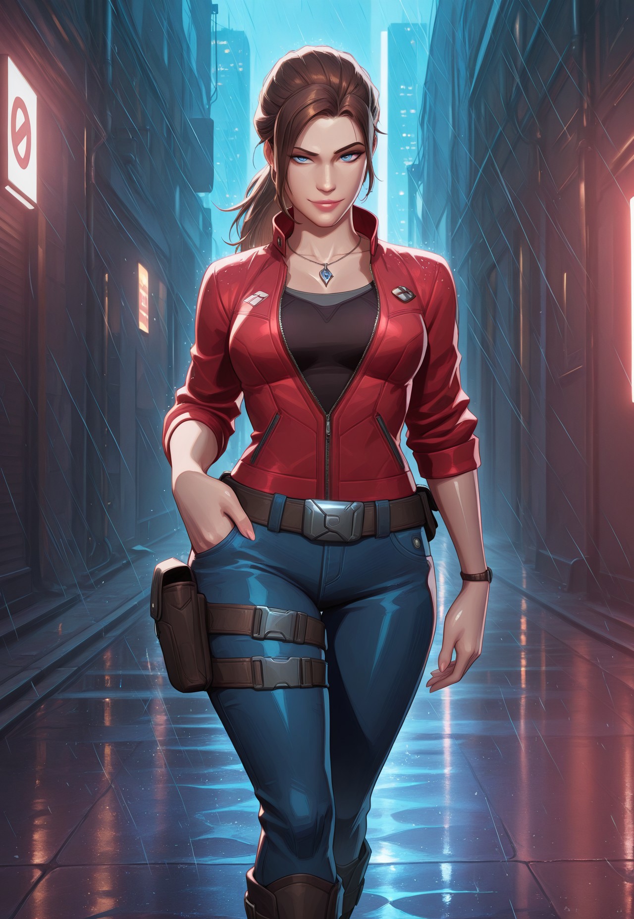 (score_9, score_8_up:1.1), score_7_up, 8k, masterpiece, high quality, extremely detailed, MarvelRivals, semi realistic, cartoon, <lora:AMarvelRivals_style-06:1>, cl4ire, medium breasts, blue eyes, brown hair, long hair, ponytail, necklace, red jacket, partially unzipped, sleeves rolled up, black tank top, jeans, boots, utility belt, holster, thigh strap, cold soft lighting, shiny skin, perfect reflection, perfect lighting, perfect shadows, perfect anatomy, perfect chest, perfect hips, perfect legs and feet, perfect hands, perfect face, perfect eyes, perfect waist, perfect body, perfect face shape, perfect mouth, perfect hair, perfect waist, best quality, detailed hair, expressive eyes, sexy, long legs, slim body, (city, alley, night, fog, rain,) seductive pose, seductive smirk, looking at viewer, raised eyebrow, hands on pockets, cowboy shot,