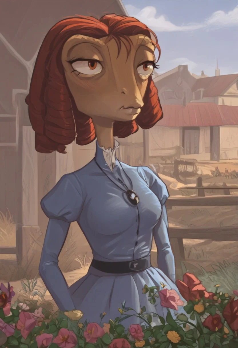 BeansPXL, jewelry, long sleeves, juliet sleeves, necklace, puffy sleeves, dress, blue dress, brown eyes, brown hair, short hair, drill hair, reptile girl, large breasts, narrow waist, wide hips, anthro lizard, scales, furry, female furry, upper body focus, holding flowers, hunched over, blush, porch light, early evening, 
flat color, fca style, toon \(style\), 2d,score_9, score_8_up, score_7_up, score_6_up, farm house, fence,