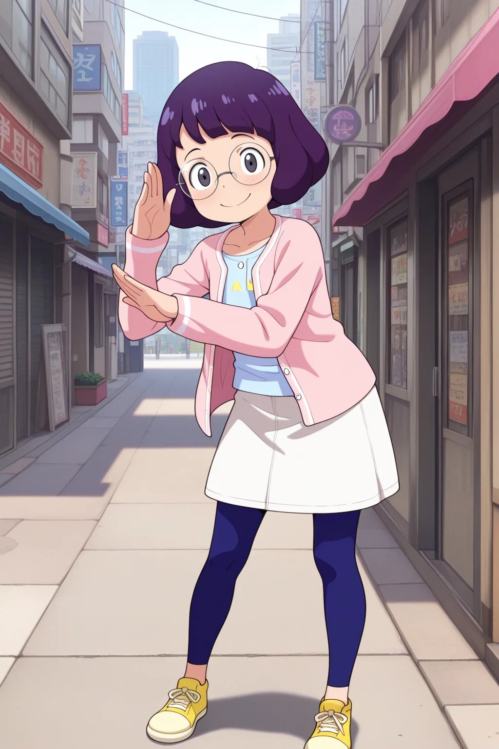 masterpiece, best quality, amazing quality, absurdres, misorainaho, purple hair, glasses, round eyewear, solo, smile, looking at viewer, pose, light blue shirt, pink cardigan, white skirt, blue leggings, yellow sneakers, outdoors, city, modern, street