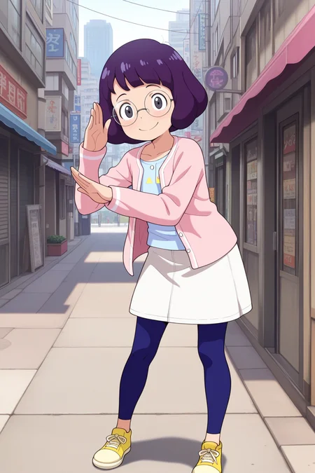 masterpiece, best quality, amazing quality, absurdres, misorainaho, purple hair, glasses, round eyewear, solo, smile, looking at viewer, pose, light blue shirt, pink cardigan, white skirt, blue leggings, yellow sneakers, outdoors, city, modern, street