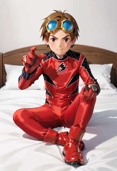 score_9, score_8_up, score_7_up, zPDXL2,
1boy, solo, goggles on head, brown hair,
,sitting on bed,
geki red, red bodysuit, black markings, red gloves, red boots,