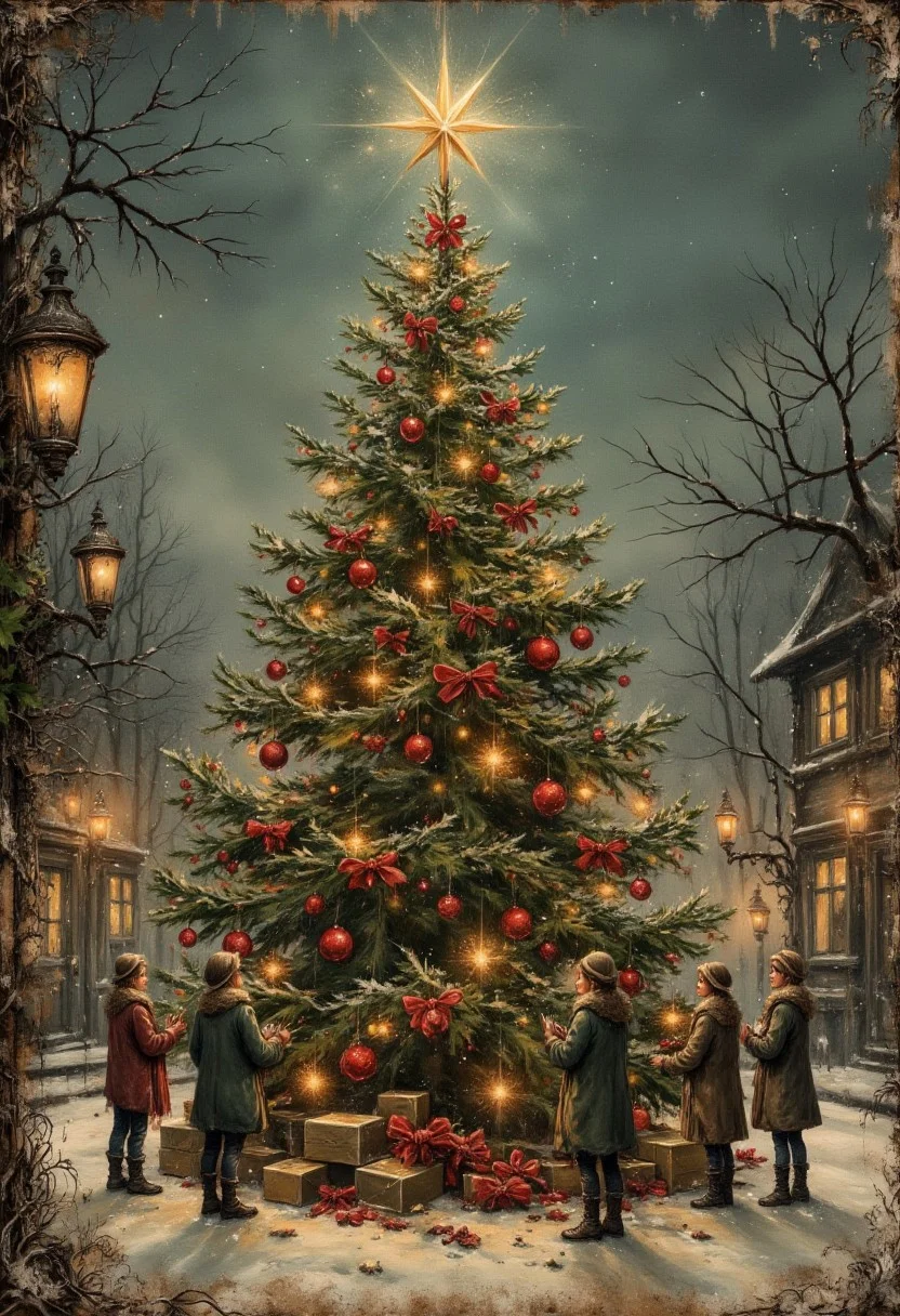 aidmavintagechristmaspaper, a high quality digital image of a christmas tree in a town square with a group of carol singers around it, the tree has some basic lights on it