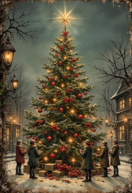 aidmavintagechristmaspaper, a high quality digital image of a christmas tree in a town square with a group of carol singers around it, the tree has some basic lights on it