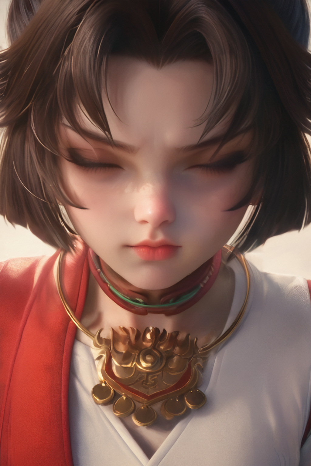 score_9,score_8_up,score_7_up,
<lora:YunYingPonyZS:1>,
yunying,1girl,solo,upper body,white background,simple background,black hair,closed eyes,black eyeshadow,jewelry,lips slightly open,flame embroidery,front view,round face,brown hair,cuteg,honor of kings,red and white outfit,longevity lock necklace,
(((underage))),((((child)))),