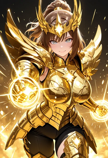 masterpiece,best quality,amazing quality, very aesthetic, ((outlined outlined vector graphics)), cute face, (glow eyes:0.5) , from front, looking at viewer ,detailed background,
1girl,
20yo, brown hair, gray eyes, (large breast:1), (ponytail:1.1), medium hair,(curvy:1.1),bangs,
,solo,cute face,
happy , gold armor, golden-mythril-armor , headwear , glowing, glittering , fantasy, glimmering , pants , action pose, clothed <lora:golden-mythril-armor-il-01:0.8>