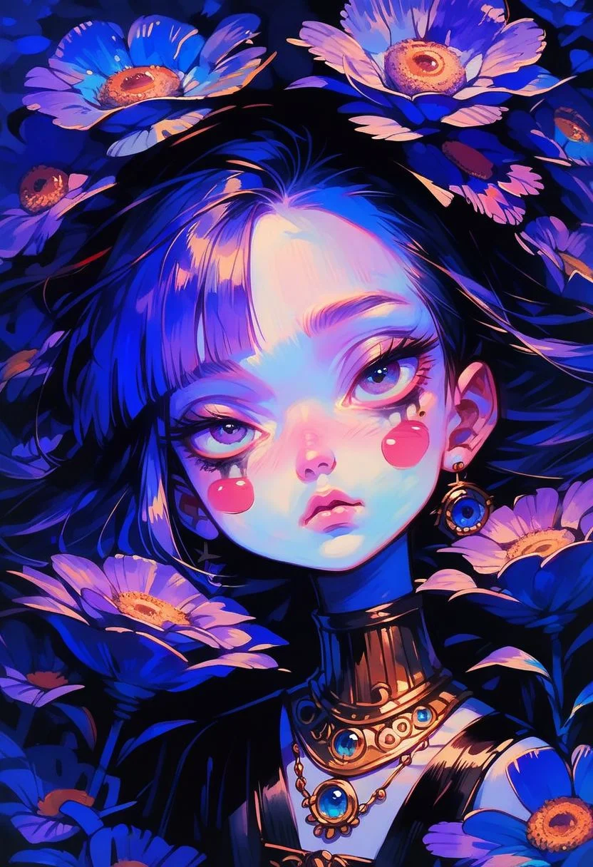 score_9, score_8_up, score_7_up, score_6_up, 1girl, solo, cr33pp41nt, jewelry, sending a kiss to camera, sending kiss, rosy cheeks, elegant makeup, love, purple flower, flowers instead of eyes, detailed background of a purple moon, short hair, asymmetrical bangs, black long hair, fair skin,