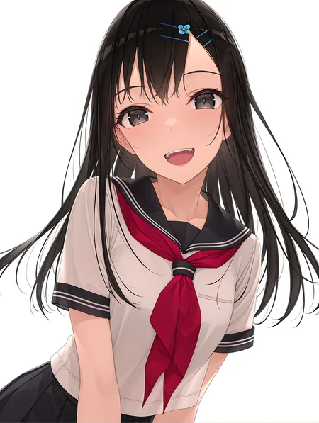 masterpiece,best quality,newest,
1girl,solo,
<lora:ikuta_risa_ilxl_v1.1:1>,risa,hairclip,black hair,black eyes,
r_clothes,serafuku,red neckerchief,short_sleeves,black skirt,
<lora:Fixhands_anime_bdsqlsz_V1:1>,looking_at_viewer,portrait,cowboy_shot,laughing,white_background,simple_background,