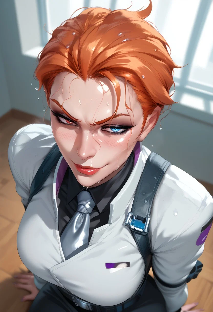 MAIDOLL,
score_9, score_8_up, score_8, anime style, source_anime, 
BREAK, 
1girl ,solo, beautiful mature female, gilf, voluptuous, curvy, looking at viewer, masterpiece, high detailed skin,  mature female, motherly, character focus,  depth of field,, curvy, EyesHD, 
moiraxl,heterochromia,short hair,orange hair,red eye,blue eye,smug, white lab shirt, white lab coat,,tie,right demon arm,looking at viewer,harness,belt,  eyeliner, smokey eyeshadow, 
,seductive smile, sultry, ,blush, embarrassed, from above, 
,hips, waist,
,indoors, sweaty, wet hair,
,makeup, eyeshadow, 
(pinup pose, dynamic pose, upper body, seductive pose, dynamic angle, dutch angle, waist, leaning forward, sitting, dynamic action photos,)
,cinematic, masterpiece, best quality, ultra-detailed, very aesthetic, high res,
, pureerosface_v1, Expressiveh, intricate_details_xl,