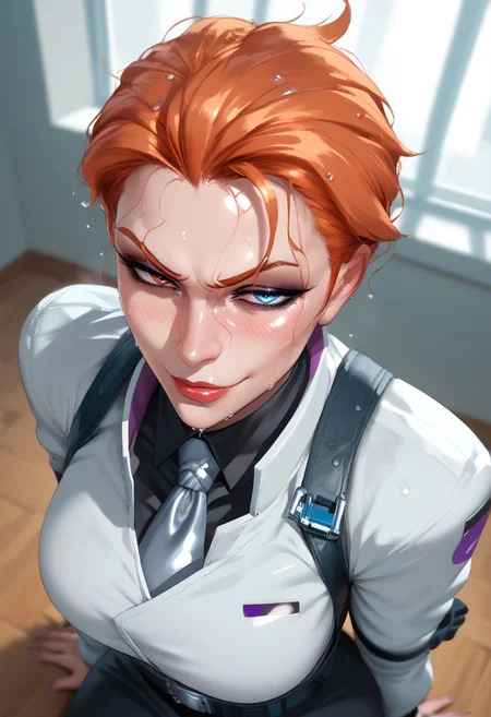 MAIDOLL,
score_9, score_8_up, score_8, anime style, source_anime,
BREAK,
1girl ,solo, beautiful mature female, gilf, voluptuous, curvy, looking at viewer, masterpiece, high detailed skin, mature female, motherly, character focus, depth of field,, curvy, EyesHD,
moiraxl,heterochromia,short hair,orange hair,red eye,blue eye,smug, white lab shirt, white lab coat,,tie,right demon arm,looking at viewer,harness,belt, eyeliner, smokey eyeshadow,
,seductive smile, sultry, ,blush, embarrassed, from above,
,hips, waist,
,indoors, sweaty, wet hair,
,makeup, eyeshadow,
(pinup pose, dynamic pose, upper body, seductive pose, dynamic angle, dutch angle, waist, leaning forward, sitting, dynamic action photos,)
,cinematic, masterpiece, best quality, ultra-detailed, very aesthetic, high res,
, pureerosface_v1, Expressiveh, intricate_details_xl,