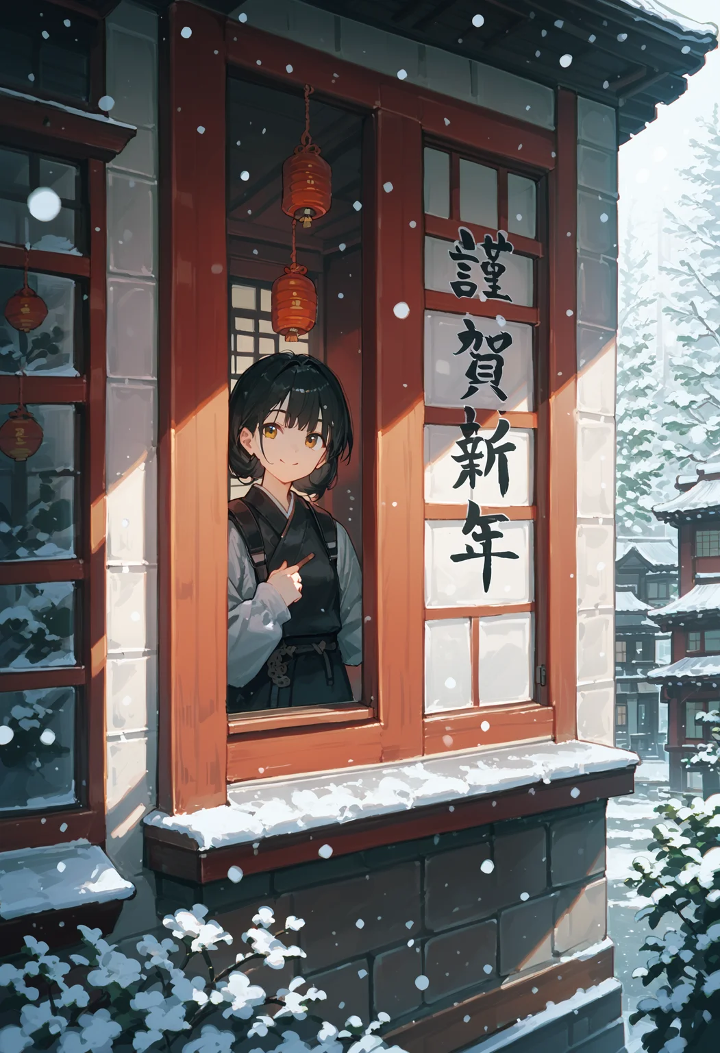 score_9, score_8_up, score_7_up, 1girl, happy new year, indoors, upper body, from outside window, snowing, looking at viewer, smile, east asian architecture, open window
<lora:happy_new_year_24re_pony_re_mix0721_d32:1>
<lora:from_outside_window_24re_pony_2_d4:0.7>