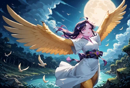 best resolution,score_9,score_8_up,score_7_up,score_6_up,score_8,score_7,score_6,best quality,masterpiece,source_anime,1girl,solo,kawaii,cute,winged_arms,A majestic harpy with dark feathers and glowing red eyes,wearing black japanese kimono,flying soaring through a stormy night sky.moonlight, starlight, firelight,wise,moonlit night sky,wind,cowboy shot,focus on face,dynamic shot, Expressiveh,eyesHD,high gradient eyes,detailed eyes,high definition eyes, <lora:Eyes_High_Definition:0.25> <lora:Expressive_H:0.75> <lora:winged_arm_style:0.85>