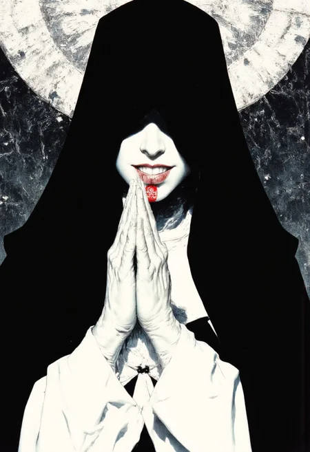 A hyper-detailed manga sketch in black and white, depicting a praying nun. She wears a deep black hood that casts a shadow over her eyes, adding to her mysterious and menacing aura. A wicked menacing chin-tattoo grin stretches across her face, revealing sharp, confident teeth. Her chin is adorned with a striking Red bullseye circle tattoo, standing out against the monochrome tones. The sketch is highly detailed, with intricate linework emphasizing the folds of her nuns habit. The atmosphere is dark and gritty, exuding pure badass energy.