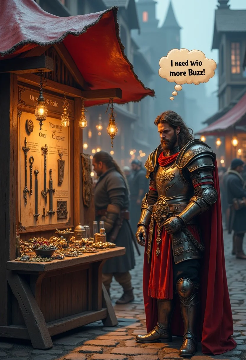 a fantasy medieval trading tent in the market, a blacksmith seller sells various fantasy weapons, weapons look like weapons from the game World of warcraft, weapons are enchanted with different charms, in front of this trading shop stands a paladin, a paladin in armor resembling armor from the game World of Warcraft, the trading menu is like in the game World of warcraft, the menu shows that there is not enough Buzz to buy, the paladin is sad, there is a cloud of thoughts above him "I need more Buzz"
