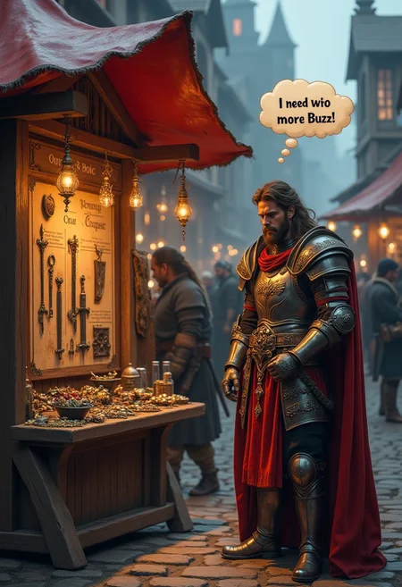 a fantasy medieval trading tent in the market, a blacksmith seller sells various fantasy weapons, weapons look like weapons from the game World of warcraft, weapons are enchanted with different charms, in front of this trading shop stands a paladin, a paladin in armor resembling armor from the game World of Warcraft, the trading menu is like in the game World of warcraft, the menu shows that there is not enough Buzz to buy, the paladin is sad, there is a cloud of thoughts above him "I need more Buzz"