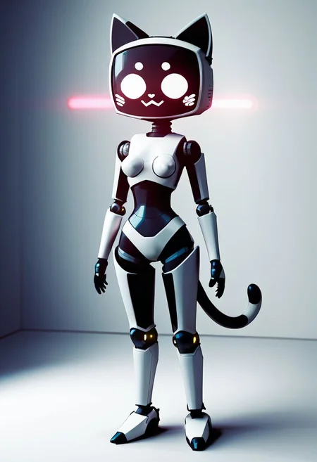 score_9, score_8_up, score_7_up, advanced, ((full body)), female, (Kerfus:1.2), (robot), cat, semi-anthro, cat tail, small breasts, (white carbon fiber body with glowing lines), white cat body, (screen face:1.2), standing