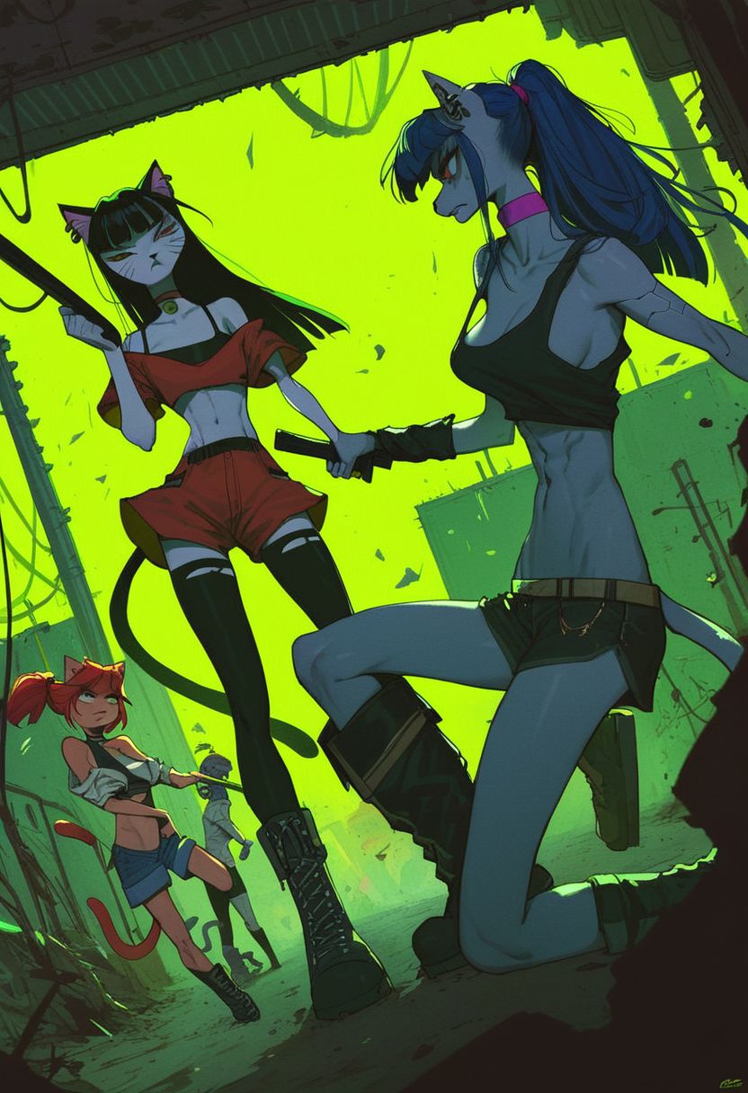 score_9, score_8_up, score_7_up, (cat girls), dystopian cyberpunk future, two street gangs hissing at each other, group picture, anthro, oversized giant boots, skinny, ready for a fight, holding a weapons, fierce and raging, long hair, choker, oversized street clothes, ear piercings, dutch angle, alternate hairstyles, growling