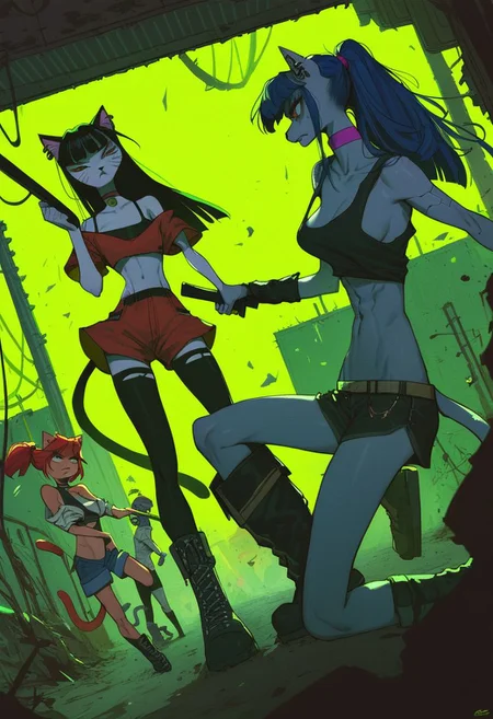 score_9, score_8_up, score_7_up, (cat girls), dystopian cyberpunk future, two street gangs hissing at each other, group picture, anthro, oversized giant boots, skinny, ready for a fight, holding a weapons, fierce and raging, long hair, choker, oversized street clothes, ear piercings, dutch angle, alternate hairstyles, growling