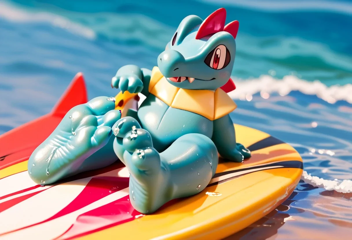 score_9, score_8_up, score_7_up, score_6_up, <lora:POKEMON_TOTODILE:1> totodile, pokemon (creature), blue feet, 3 toes, foot focus, feet style, foot style, water, surfing, feet on surfboard, wet on feet