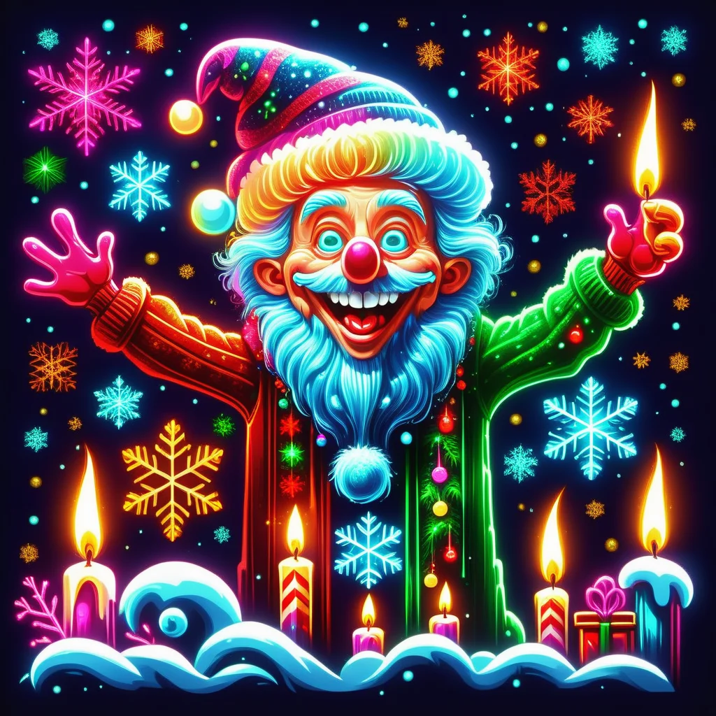 hyper detailed masterpiece, dynamic realistic digital art, awesome quality, DonMN30nChr1stGh0stsXL neon ugly christmas sweater designs, snow miser, snowflakes, radiant and glowing,reflective and grateful,cheerful and lively, candles, visiting family and friends <lora:DonMN30nChr1stGh0stsXL-000009:1>