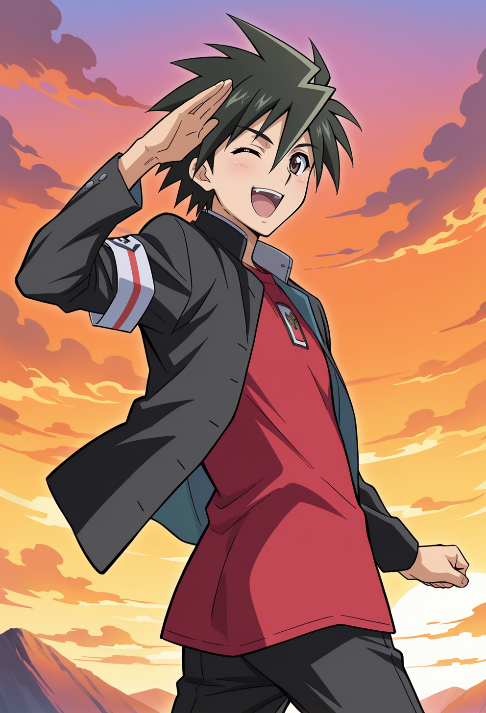 masterpiece, best quality, high quality, anime, solo, 
 <lora:AEKazuki_1:1>
AEKazukiDef, brown eyes, black hair, hair between eyes, spiked hair, armband, black jacket, long sleeves, open jacket, red shirt, black pants, 
happy, salute, open mouth, one eye closed, twisted torso, outdoors, orange sky,