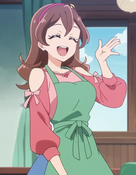 score_9, score_8_up, score_7_up, anime screencap, solo,1girl,sakurauta, smile, blue skirt, hairband, looking at viewer,long sleeves, green apron,shoulder cutout, pink shirt,cowboy shot,medium breasts,singing,closed eyes,open mouth,<lora:sakurauta_pony_v2:0.8>
