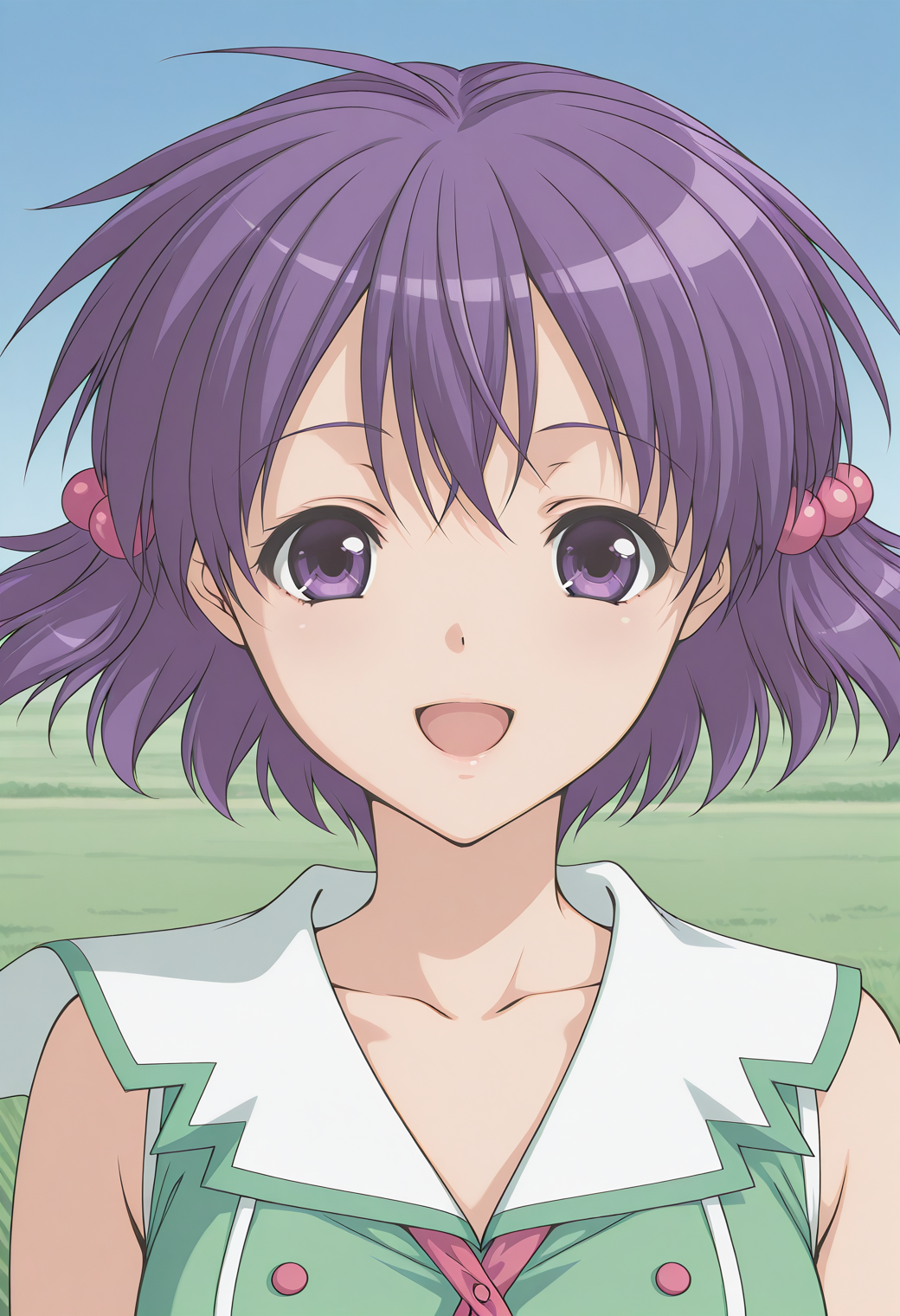 yuuki_chigusa, purple eyes, purple hair, short hair, hair ornament, hair bobbles,  necktie, green shirt, white sailor collar, sleeveless,  <lora:yuuki_chigusa_illustrious_ver1:0.8> 
smile,, masterpiece, best quality, sensitive,, 1girl, solo, blue sky, (grasslands:1.2), looking at viewer,, (upper body:1.2), (close-up:1.2), (facing viewer:1.2), (open eyes:1.4), (portrait:1.2)