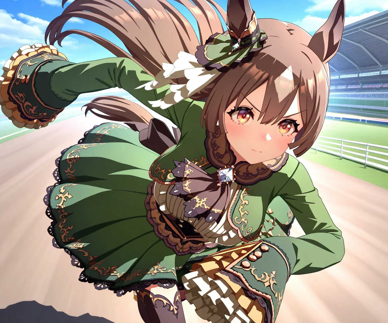 masterpiece, best quality, amazing quality, , 1girl, solo umamusume, racetrack, running, serious, <lora:Satono Diamond in game style 3D:1> ummsmingame, 3d, satono diamond \(umamusume\), sleeves past fingers
