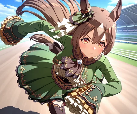 masterpiece, best quality, amazing quality, , 1girl, solo umamusume, racetrack, running, serious, <lora:Satono Diamond in game style 3D:1> ummsmingame, 3d, satono diamond \(umamusume\), sleeves past fingers