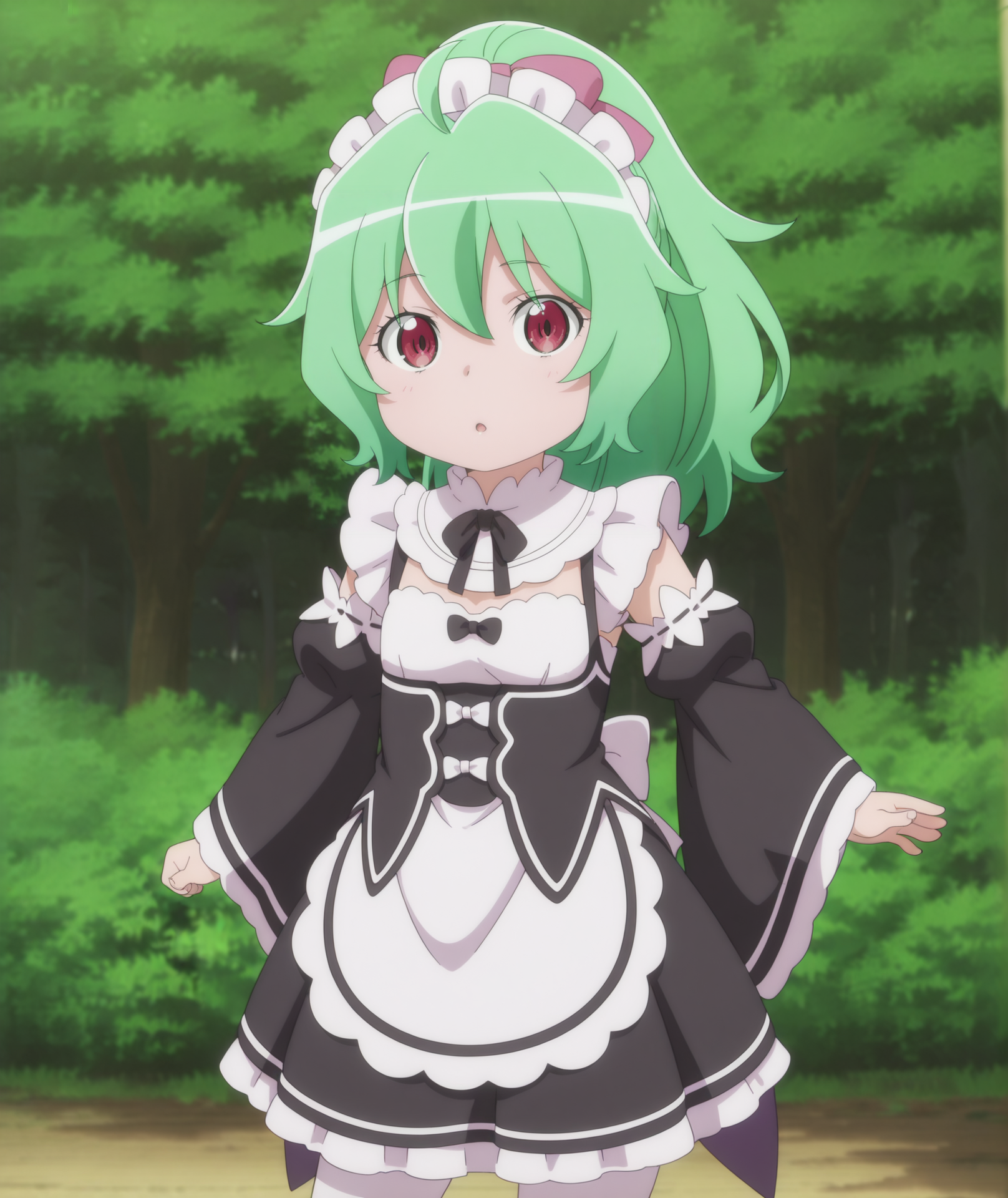 official art, absurdres, highres, anime coloring, hi res, best quality, masterpiece, 2d, intricate details, 4k, shadow,
1girl, solo, female, chibi, aged down, long hair, red eyes, ponytail, ahoge, green hair,
bow, hair bow, hair ribbon, ribbon,
maid, maid headdress, maid apron, roswaal mansion maid uniform, detached sleeves, lace, lace trim, cosplay, alternate costume, 
contrapposto, looking at viewer, cowboy shot, 
depth of field, blurry background, blurry, forest, <lora:Komoe_(Character)_ILXL:1>