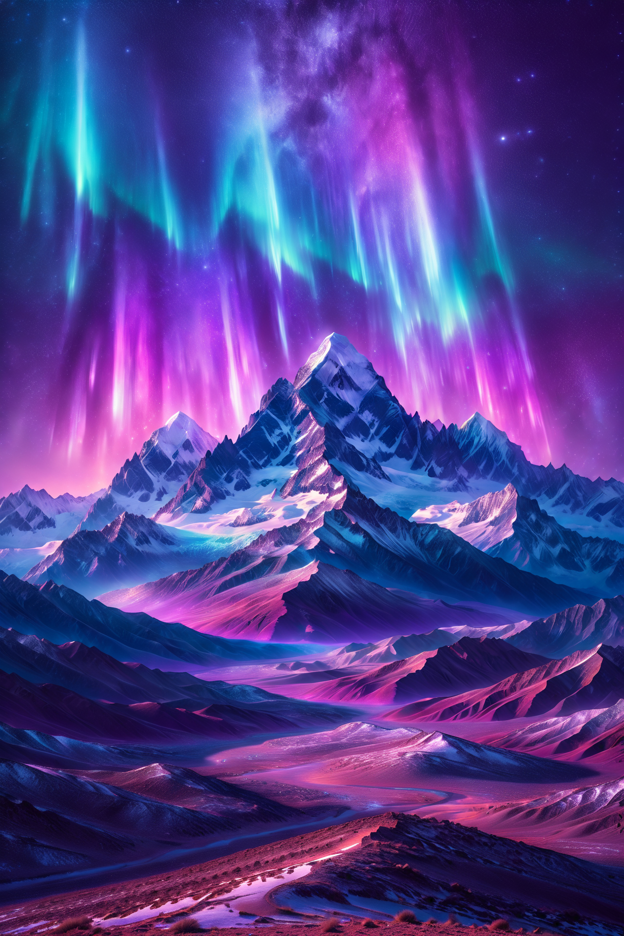 desert mirage with radiant haze, morph-aurora, mountain summit with snowy peaks, detailed background, best quality, vibrant colors, realistic style, high detail, hyper-realistic, highres, 4K resolution, realistic photo, masterpiece, ultra-detailed, luminous sky, purples and blues, radiant shine, medium shot, <lora:add-detail-xl:1> <lora:aurora_0_100_V1-000009:0.65>