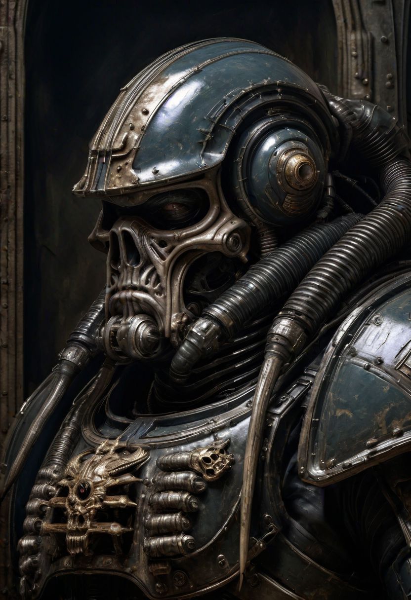 Space marine portrait in the middle of the day, H. R. Giger style but depicted as an oil painting by Rembrandt --ar 2:3 --v 5