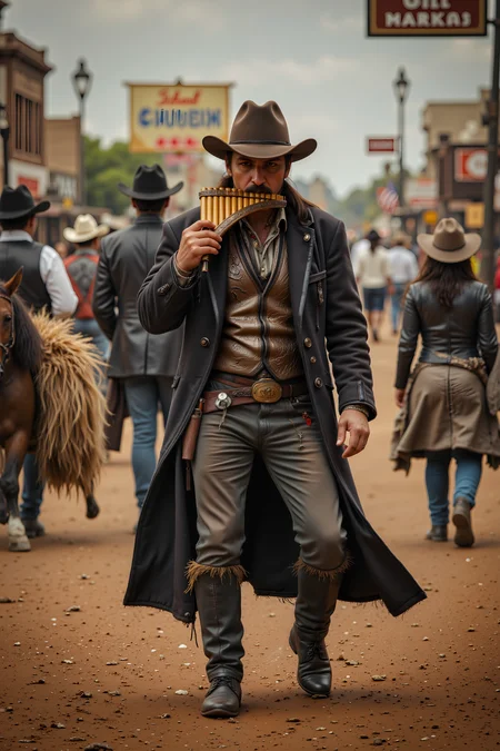 ,gunslinger clothes,cowboy vest, cowboy trousers,cowboy hat,sheriff star,long coat, in a wild west town,tumbleweed,high noon,town street,wild west town, ,playing panflute , detailed background Fantastic lighting. Detailed shadows.intricate details, vivid colors, hyper-detailed, ultra-sharp, <lora:PANFLUTE_FLUX>, <lora:FluxMythR3alisticF:0.4><lora:midjourney_whisper_flux_lora_v01:0.4><lora:aidmaMJ6.1-FLUX-V0.1:0.4><lora:Movie_Portrait:0.4><lora:Flux DetailerV2:0.4>