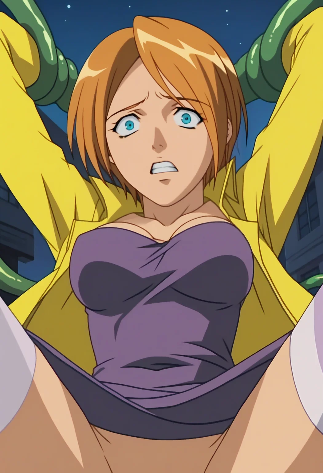 score_9, score_8_up, score_7_up, score_6_up, anime screencap, anime coloring, <lora:TheUrotsukiMob1_epoch_9:0.9>, MinakoHaruno, 1girl, solo, orange hair, short hair, blue eyes, breasts,
yellow jacket, purple dress, white thighhighs,
looking at viewer, green tentacles, tentacle grab, scared, legs apart, arms up, legs,
BREAK (street:1.1), night sky, night, lamppost,