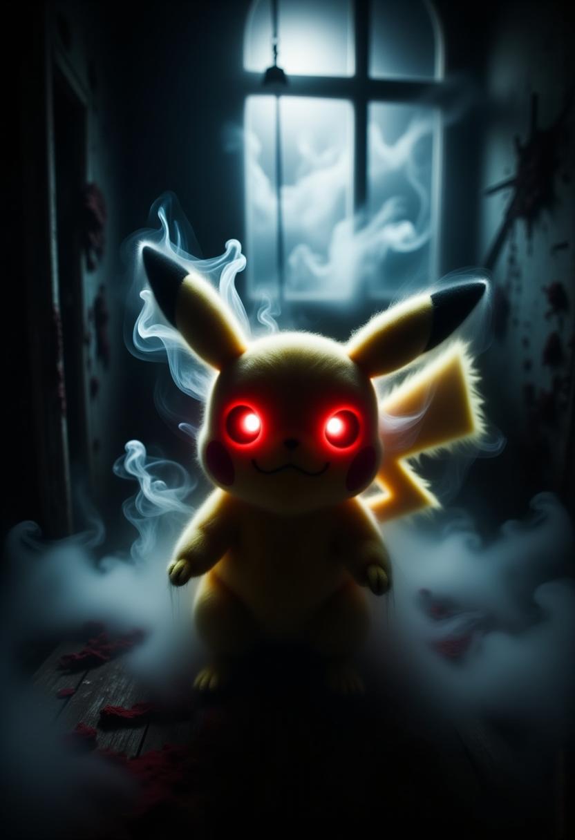 a haunted pikachu plushie, glowing red eyes, sitting in an abandoned room