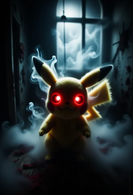 a haunted pikachu plushie, glowing red eyes, sitting in an abandoned room