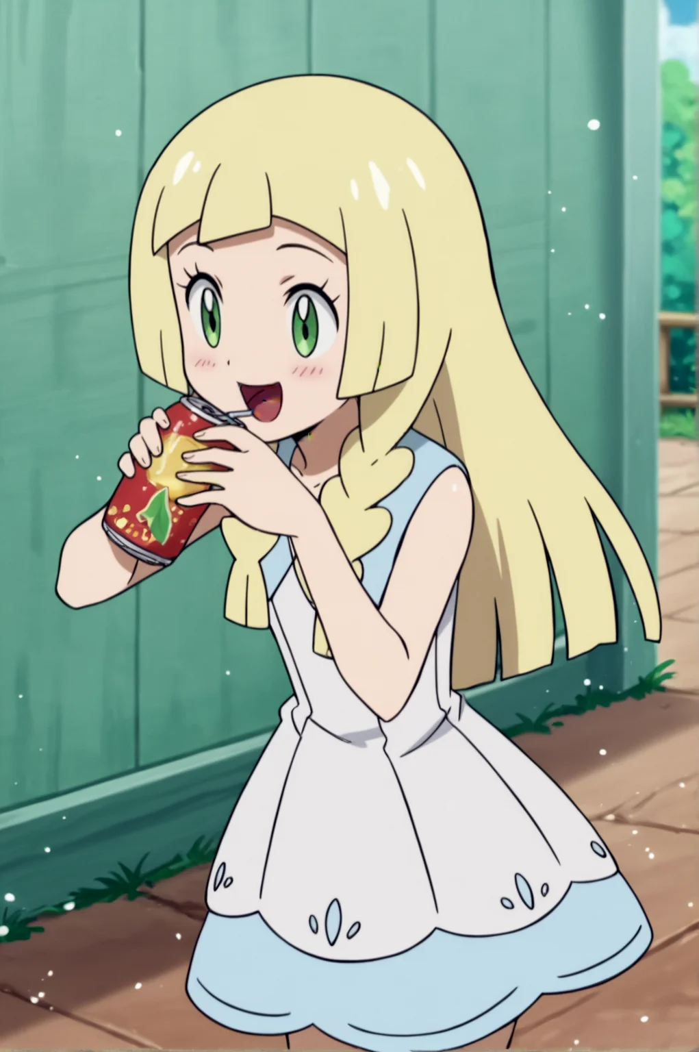 score_9, score_8_up, score_7_up,anime_source, source_anime, best background, detailed background, anime screencap, Lillie, Main Outfit, indoors, blush, happy, dynamic angle, dynamic pose, drinking, can, outdoors, soft particles, <lora:JN_Lillie:0.8>
