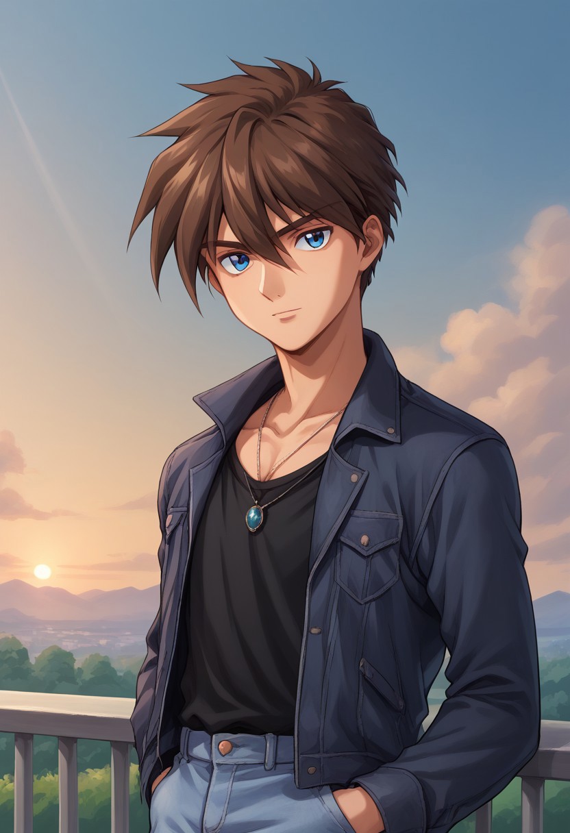score_9, score_8_up, score_7_up, source_anime, highly detailed, 
heeroyui, solo, 1boy, male focus, brown hair, jacket, pants, hands in pockets, denim,
jeans, upper body, jewelry, necklace, shirt, open jacket, looking at viewer,
standing, open clothes,  hair between eyes, long sleeves, black shirt, blue eyes,
outdoor, sky, sunset,