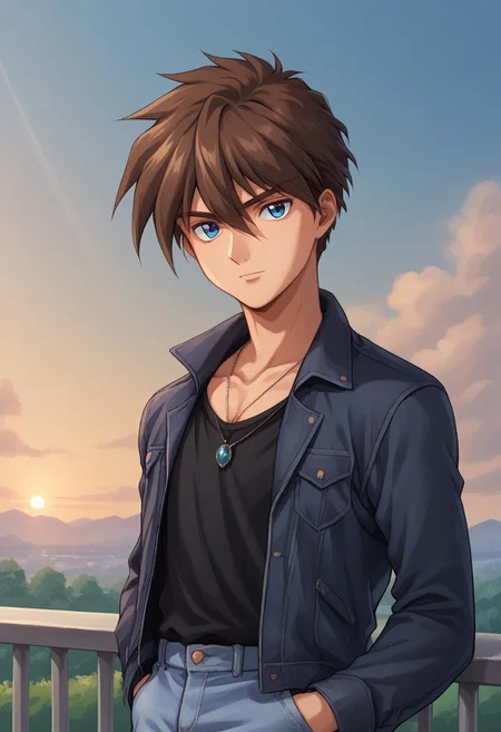 score_9, score_8_up, score_7_up, source_anime, highly detailed,
heeroyui, solo, 1boy, male focus, brown hair, jacket, pants, hands in pockets, denim,
jeans, upper body, jewelry, necklace, shirt, open jacket, looking at viewer,
standing, open clothes, hair between eyes, long sleeves, black shirt, blue eyes,
outdoor, sky, sunset,