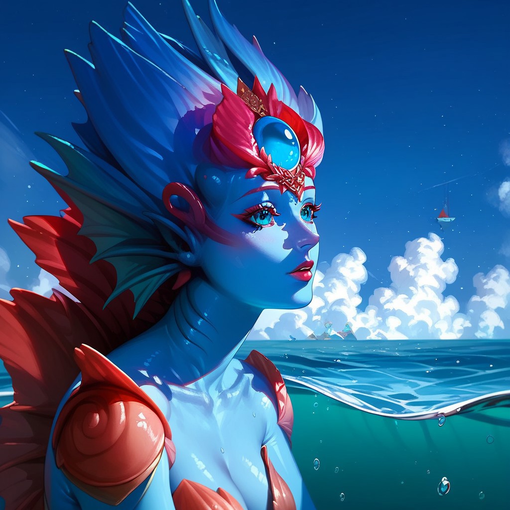 score_9, score_8_up, (high quality), highly detaily , Expressiveh, solo, beautiful, 1 girl, Kiora, Kiora from Magic: The Gathering, merfolk, (((monster girl))), monster, blue skin, beautiful eyes, opened eyes, (perfect body), (she is in the ocean)