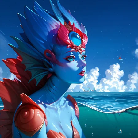 score_9, score_8_up, (high quality), highly detaily , Expressiveh, solo, beautiful, 1 girl, Kiora, Kiora from Magic: The Gathering, merfolk, (((monster girl))), monster, blue skin, beautiful eyes, opened eyes, (perfect body), (she is in the ocean)
