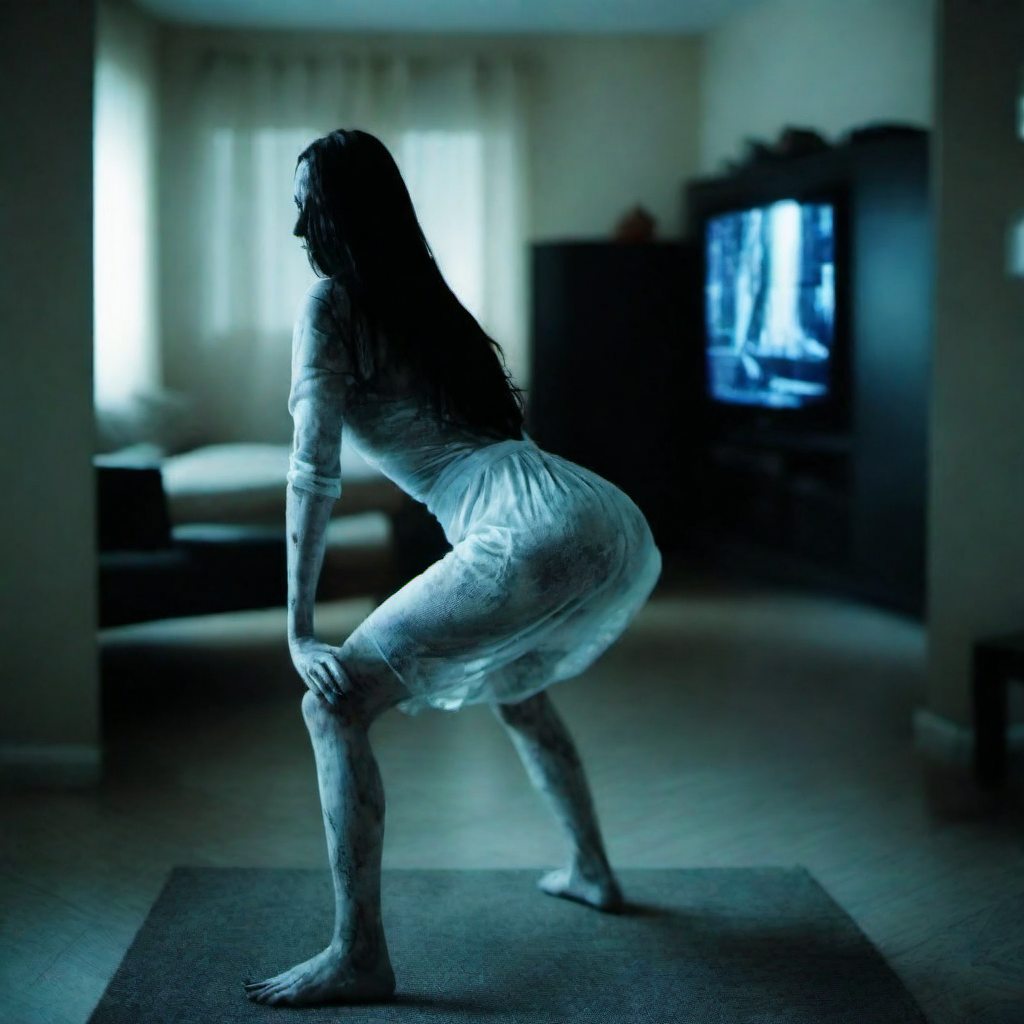 cinematic photo  a creepy woman wears a dirty white dress, face hidden by hair, twerks in front of a lcd tv, stylish appartment <lora:lcm_lora_sdxl:1> <lora:TheRing1024:0.85> . 35mm photograph, film, bokeh, professional, 4k, highly detailed