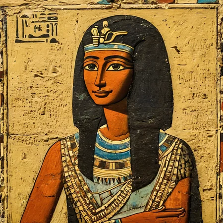 <lora:Ancient_Egypt_Painting_Style:1> ancientegypt, old egyptian wall painting of the Mona Lisa as a pharaoh, ancient, 2d, perfect composition, masterpiece