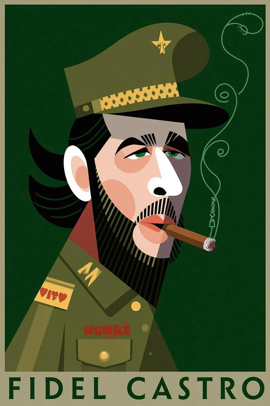 The image is a stylized, modern digital drawing in a pop art style, featuring a man, Fidel Castro, wearing a jungle fatigue, a cap, and smoking a cigar. The background is a solid, deep green color, creating a striking contrast with the figure. The man has a stylized, exaggerated appearance with prominent, angular features. He has a prominent nose and mouth, His hair is depicted as a stylized, angular shape with a full beard. <lora:palo1_cap_d6a3e12:1.0><lora:821348827047920269:0>