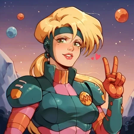 score_9, score_8_up, score_7_up, score_6_up, score_5_up, score_4_up, <lora:NaraBurns_XL:1> naraburns, blonde hair, green eyes, lips, ponytail, headband, smile, peace sign, hearts, space, night, cartoon, flat colors, retro artstyle,1980s (style), armor, bodysuit,