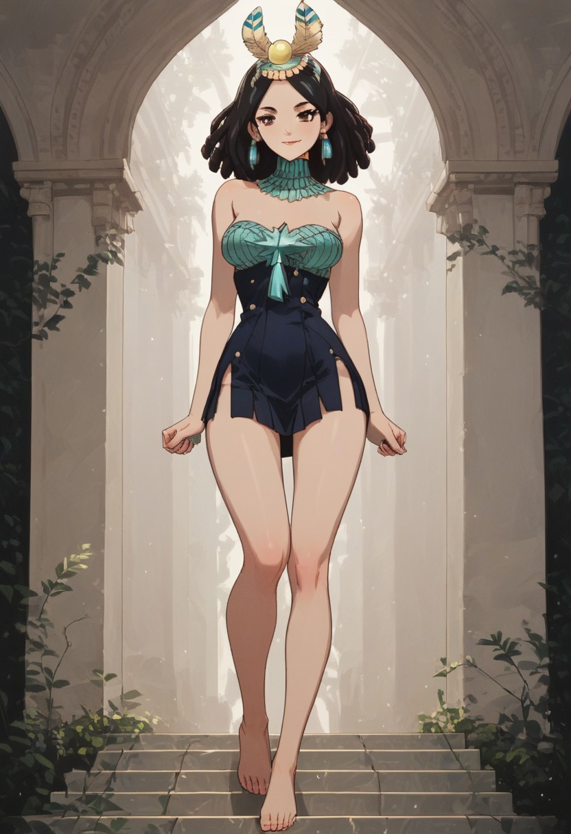<lora:add-detail-xl:1.3>, score_9, score_8_up, score_7_up, score_6_up, score_5_up, score_4_up, rating_expilcit, 16K UHD, ng_deepnegative_v1_75t, masterpiece, highest quality, 1girl, solo, slimes_amaryllis, black hair, brown eyes, undressing, medium breasts, breast exposed, bare shoulders, bare legs, bare feet, g0thicPXL, sexy pose, pinup pose, seductive smile, horny, biting lips, Expressiveh, dynamic angle, (cartoon), afrobullstyle, vivid colors, colorfull, full body shot, negative_hand, sunny day, temple background