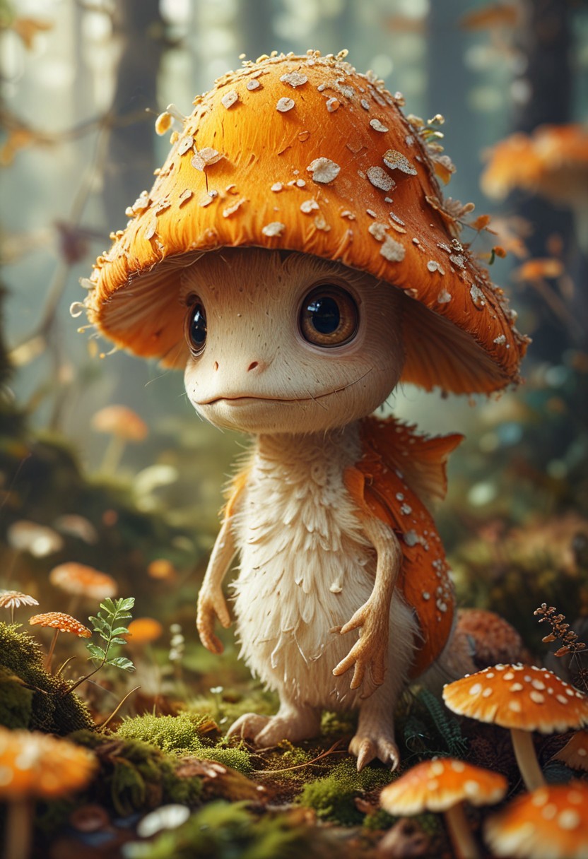 Highly detailed and whimsical digital illustration featuring a fantastical creature resembling a mushroom. The creature has a large, orange, and yellow cap adorned with various textures and small growths, giving it a vibrant and organic appearance. Its face is endearing with large, expressive eyes that are a deep amber color, and a small, round nose. The skin of the creature is a mix of earthy tones, with a slightly rough texture, and it has a gentle, almost smiling expression. Surrounding the main subject are smaller mushroom-like entities and a forest floor covered in foliage and other natural elements, all rendered in a soft, dreamy light that enhances the magical atmosphere of the scene.