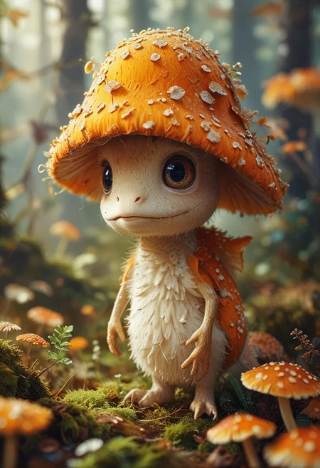 Highly detailed and whimsical digital illustration featuring a fantastical creature resembling a mushroom. The creature has a large, orange, and yellow cap adorned with various textures and small growths, giving it a vibrant and organic appearance. Its face is endearing with large, expressive eyes that are a deep amber color, and a small, round nose. The skin of the creature is a mix of earthy tones, with a slightly rough texture, and it has a gentle, almost smiling expression. Surrounding the main subject are smaller mushroom-like entities and a forest floor covered in foliage and other natural elements, all rendered in a soft, dreamy light that enhances the magical atmosphere of the scene.