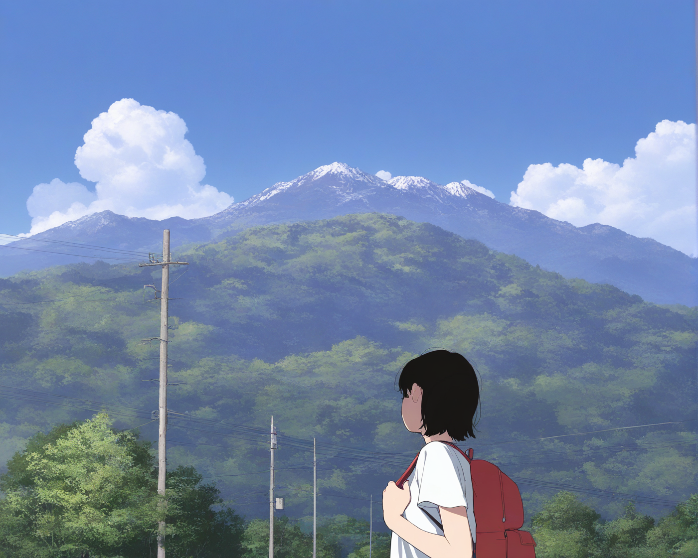 1girl,solo,sky,outdoors,backpack,cloud,day,bag,short hair,blue sky,scenery,black hair,shirt,mountain,white shirt,power lines,holding strap,nature,t-shirt,tree,upper body,short sleeves,
(((masterpiece, best quality, amazing quality, very aesthetic,highres, absurdres))),newest,very awa,highres,
<lora:lookback-noob10-v2-000030:1>,