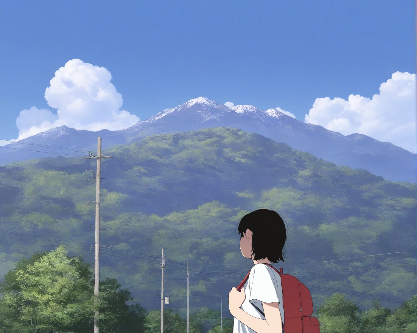 1girl,solo,sky,outdoors,backpack,cloud,day,bag,short hair,blue sky,scenery,black hair,shirt,mountain,white shirt,power lines,holding strap,nature,t-shirt,tree,upper body,short sleeves,
(((masterpiece, best quality, amazing quality, very aesthetic,highres, absurdres))),newest,very awa,highres,
<lora:lookback-noob10-v2-000030:1>,