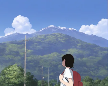 1girl,solo,sky,outdoors,backpack,cloud,day,bag,short hair,blue sky,scenery,black hair,shirt,mountain,white shirt,power lines,holding strap,nature,t-shirt,tree,upper body,short sleeves,
(((masterpiece, best quality, amazing quality, very aesthetic,highres, absurdres))),newest,very awa,highres,
<lora:lookback-noob10-v2-000030:1>,